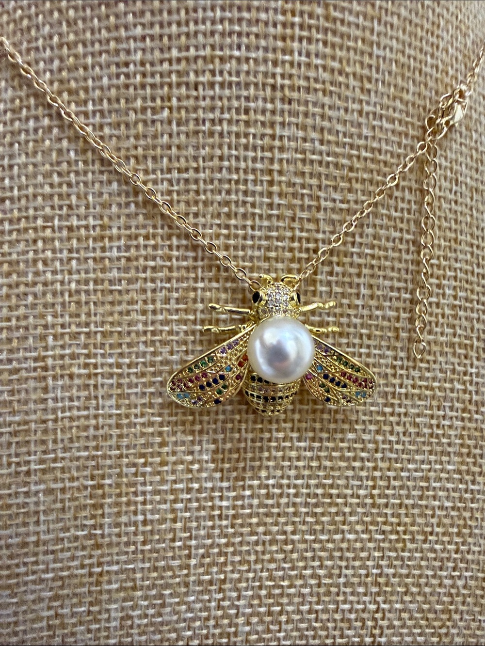 Gold Bee Pendant Women’s Necklace with Multicolor Accents 19-20”
